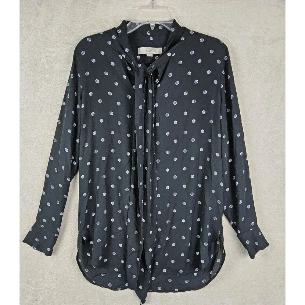 LOFT Women's Long Sleeve Tie Neck Circle Pattern Blouse Top Size S